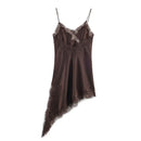 Vestido Mini Feminino com Renda e Alças Finas - Irregular Costas Abertas Fenda Sexy Festa