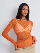 Women Lace Pullover TopS Retro Long Sleeve Round Neck See Through Solid Color Fitted T-Shirts Casual Blouse Streetwear Y2K 2000s
