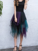 Women's Midi Skirt, Elegant Elastic Waist Contrast Color Autumn Tulle Skirt, Suitable for Street Party