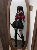 Women‘s Lolita Set Dark Femme Mesh Top & Waist Cinching Skirt, 2025 Autumn Japanese Street Style Coord for Gothic Baddie Fashion