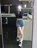 Saia Jeans Feminina Mini com Cintura Alta Slim - Coreana Cute Verão