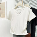 Women's V-Neck Rivet Detail Ruched Short Sleeve T-shirt Casual Slim Fit Crop Top