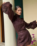 2026 New Women's Long Sleeve Design Fashion Openwork Lace Miniskirt Elegant Temperament Autumn Party Banquet Evening Dress