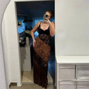 Vestido Maxi Feminino com Estampa de Leopardo e Alças - Sexy See Through Sem Manga Costas Abertas Praia Clube