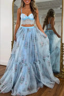 Women Boho 2 Piece Floral Chiffon Maxi Dress Sexy Summer Lace Corset Top & Tiered Flowy Tulle Skirt Set for Prom Wedding Party