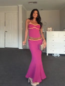 Elegant Chiffon Tops Skirt Set Women Stylish Floral Strap Off Shoulder Halter Crop Top Maxi Skirt Summer Beach Vacation Outfit