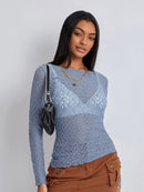 Women Lace Pullover TopS Retro Long Sleeve Round Neck See Through Solid Color Fitted T-Shirts Casual Blouse Streetwear Y2K 2000s