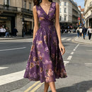 Boho Floral Print Elegant Party Dresses Womens Spring Sexy V Neck High Waist Pleated Long Dress Summer Sleeveless Vacation Dress