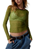 Women Lace Pullover TopS Retro Long Sleeve Round Neck See Through Solid Color Fitted T-Shirts Casual Blouse Streetwear Y2K 2000s