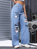 Women's High Waist Button Up Butterfly Print Jeans Fashion Casual Straight Pants for Women Spring Summer 2024 Chic Ripped Jeans