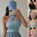 Top Cropped Feminino Halter de Tricô com Alças Cruzadas - Sexy Ombro a Ombro Regata Verão 2023