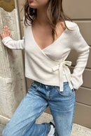New Fashion Womens V Neck Knit Cardigan Long Sleeve Wrap Tie Side Solid Color Sweater Fall Tops Hot Sale S M L
