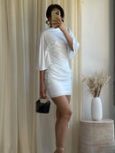 Vestido Mini Feminino Branco com Paetê e Renda - Manga Curta Elegante Festa 2026
