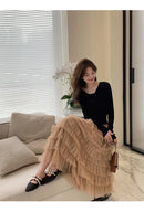 Elegant Multi-Layered Tulle Skirt Long Dress Women's Autumn Winter High Waist Cake Skirt Style Slimming Elegant Midi Skirt
