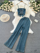 Faionable Denim ter Ne Crop Top And High Waist  Skirt Women's Set Summer Polyester Material Youthful Sle