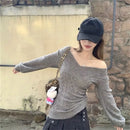 Blusa Feminina Vintage de Tricô com Decote V e Manga Longa - Slim Pulover Sexy Cinza Outono 2025