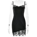 Vestido Mini Feminino Preto com Renda Floral e Alças Finas - Sexy Costas Abertas Slim Elegante Festa Clube