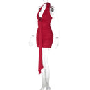 Vestido Mini Feminino com Halter e Franzido - Sexy Renda Amarrão Slim Elegante Festa Clube