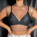 Women's Fishnet Rhinestone Crop Top Summer Sexy Mesh High Elastic Black White Shirt Net Semen Y2K Tank Tops See Through Crop Top
