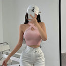 Top Cropped Feminino Halter de Tricô com Alças Cruzadas - Sexy Ombro a Ombro Regata Verão 2023