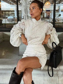 Lace Elegant Skirt Two Piece Set Women Turtleneck Hollow Out Lantern Sleeve Tops Irregular Hem Mini Skirt 2025 Chic Party Suit