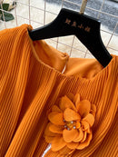 Women Summer Skirt Sets New Fashionable Three-dimensional Flower Short Sleeved Chiffon Top Pleated Skirt Two-piece Set C111