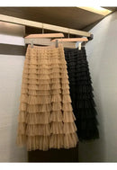 Elegant Multi-Layered Tulle Skirt Long Dress Women's Autumn Winter High Waist Cake Skirt Style Slimming Elegant Midi Skirt