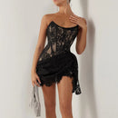 Vestido Mini Feminino Sexy Tomara que Caia com Renda e Franzido - Sem Alças Costas Abertas Festa Clube