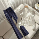 Elegant Office Lady Style High Waist Flared Trousers for Women Blue Slim Fit Straight Leg Pants French Chic Fall Outfit Lookbook