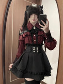 Women‘s Lolita Set Dark Femme Mesh Top & Waist Cinching Skirt, 2025 Autumn Japanese Street Style Coord for Gothic Baddie Fashion