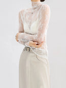 Sexy Lace Bottomed Blouse Women Long Sleeve Crop Top Sleeved High Neck With Hollowed Out Chiffon Foreign Style Sexy Mesh