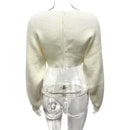 Cropped Tricô Manga Longa Feminino Casual - Decote V Solto Elegante Outono