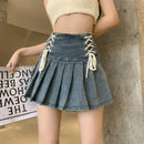 Denim Pleated Skirts Women Cute Lace-up Chic Girlish Summer Mini Skirt Korean Style Fashion Sexy High Waist Streetwear College