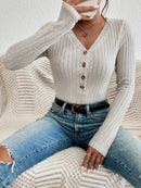 Women's V-neck Button Bodysuit  2024 New Autumn Winter Long Sleeve Ribbed Knitted Skinny Body Suit Top for Women Outfits