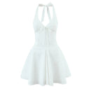 Vestido Mini Feminino Branco com Halter e Decote V - Sexy Costas Abertas Amarrão Evasê Festa Verão