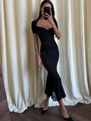 Ticketsx Sexy Lace Dress Set Women Fashion V-Neck See-Through Patchwork Pleated Slim Skirts Set Elegant Party Evening Dress Set