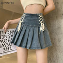 Denim Pleated Skirts Women Cute Lace-up Chic Girlish Summer Mini Skirt Korean Style Fashion Sexy High Waist Streetwear College