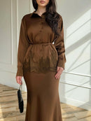 Women Two Piece Sets Skirt Set Turn Down Collar Lace Sexy Full Sleeve Tops Long Skirts High Waist Y2k Streetwear Elegant Work