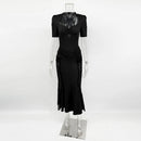 Ticketsx Sexy Lace Dress Set Women Fashion V-Neck See-Through Patchwork Pleated Slim Skirts Set Elegant Party Evening Dress Set