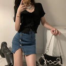 Camiseta Cropped Feminina de Malha com Decote V - Casual Versátil Manga Curta Bandagem Canelada Verão