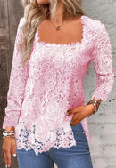 Lace Blouse Tee Shirt Women Vintage Top Solid Full Sleeve Square Collar Streetwear Ladies Casual Spring Summer Basic Tops 2025