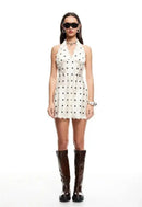Vestido Mini Feminino de Cetim com Poa e Halter - Sexy Decote V Profundo Costas Abertas Praia Clube
