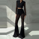 Elegant High Waist Slim Straight Trousers Sexy See Through Mesh Flare Pants for Women Summer Solid Commute Lady Long Pants Mujer