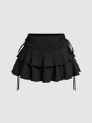 Pleated Mini Skirt Women Solid Color Sexy Folds Drawstring Leace-up Simple All-match Short Skirts Fashion Hot Girl Streetwear