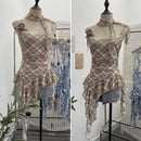Women's Vintage Tie-dye Printed Mesh Spaghetti Strap Camisole Hot Girl Irregular Ruffled Ribbon Sleeveless Top Partyclub 1185