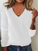 Women's V-neck Sweater Elegant Long Sleeve Ribbed Trim Pullover Solid Knit Wool Base Top for Wear
