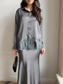 Women Two Piece Sets Skirt Set Turn Down Collar Lace Sexy Full Sleeve Tops Long Skirts High Waist Y2k Streetwear Elegant Work