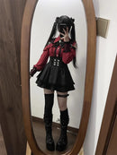 Women‘s Lolita Set Dark Femme Mesh Top & Waist Cinching Skirt, 2025 Autumn Japanese Street Style Coord for Gothic Baddie Fashion