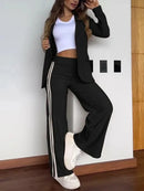 Women 2 Piece Sets Suit Jacket Wide Leg Pants Turn Down Collar Pockets Striped Blazer Coat Trousers 2025 Office Lady Outfits
