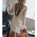 Vestido Mini Feminino Boho Branco com Manga Longa e Renda - Praia Férias Casual